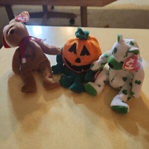 Charming Trio of Stuffed Animals - Brown Bear, Orange Pumpkin, White Bear